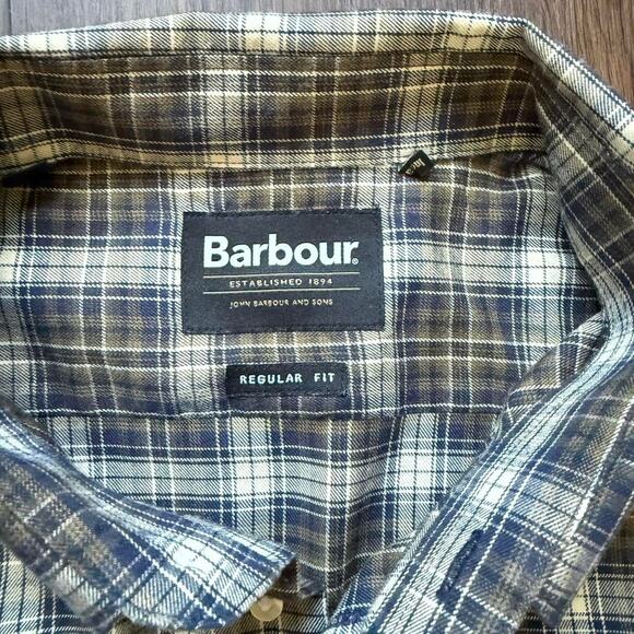 Barbour Plaid Button-Down Shirt Blue Brown Tan Regular Fit Size XL - Picture 3 of 5